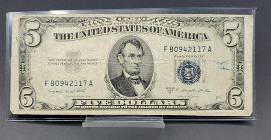 1953 $5 Silver Certificate Blue Seal US Currency Bill Circ VG #117