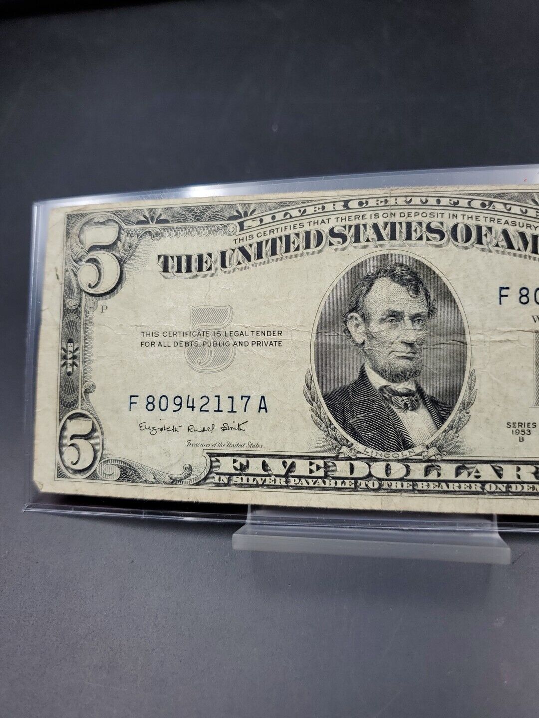 1953 $5 Silver Certificate Blue Seal US Currency Bill Circ VG #117