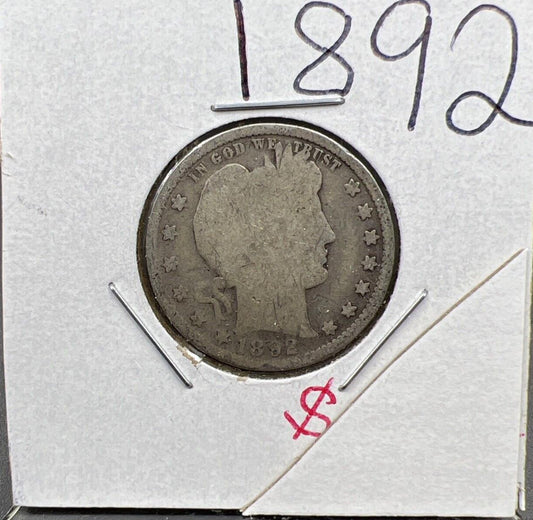 1892 P Barber Silver Quarter Coin Choice AG First Year Of Issue