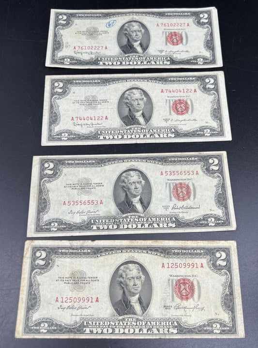 4 Note Set A B C 1953 $2 Two Dollar Legal Tender Bills Set VG + #9991