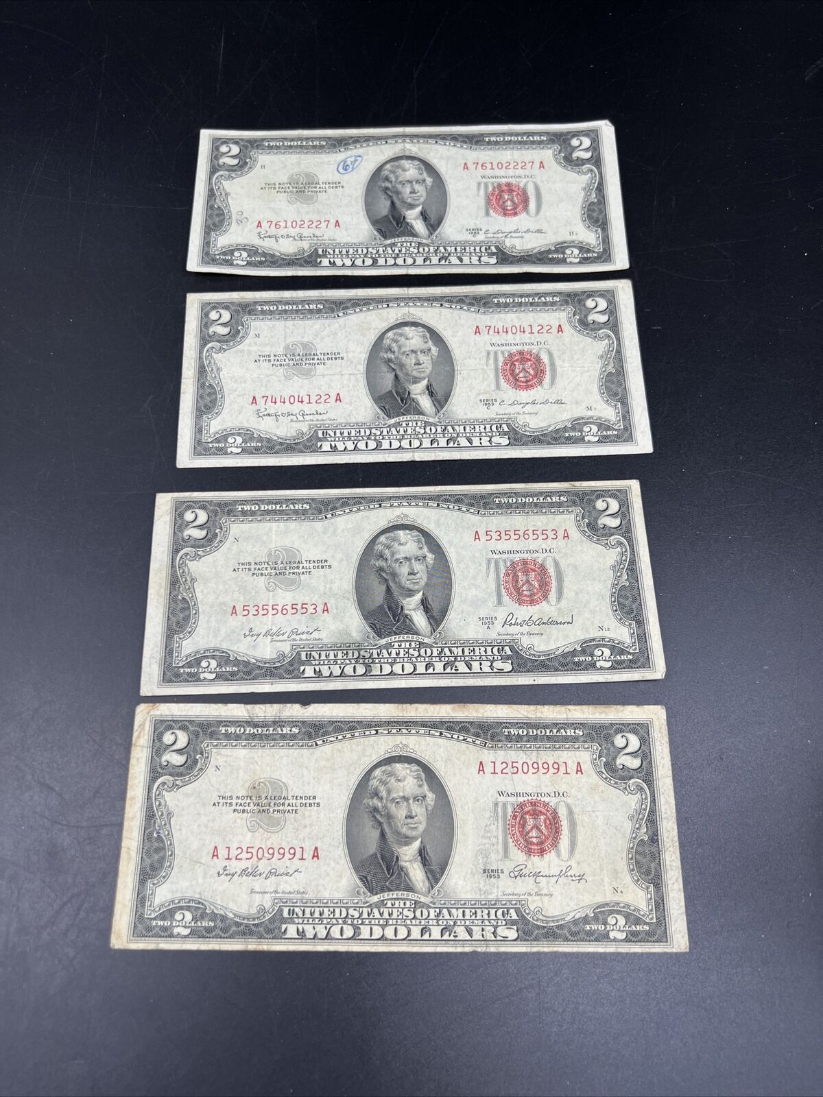 4 Note Set A B C 1953 $2 Two Dollar Legal Tender Bills Set VG + #9991