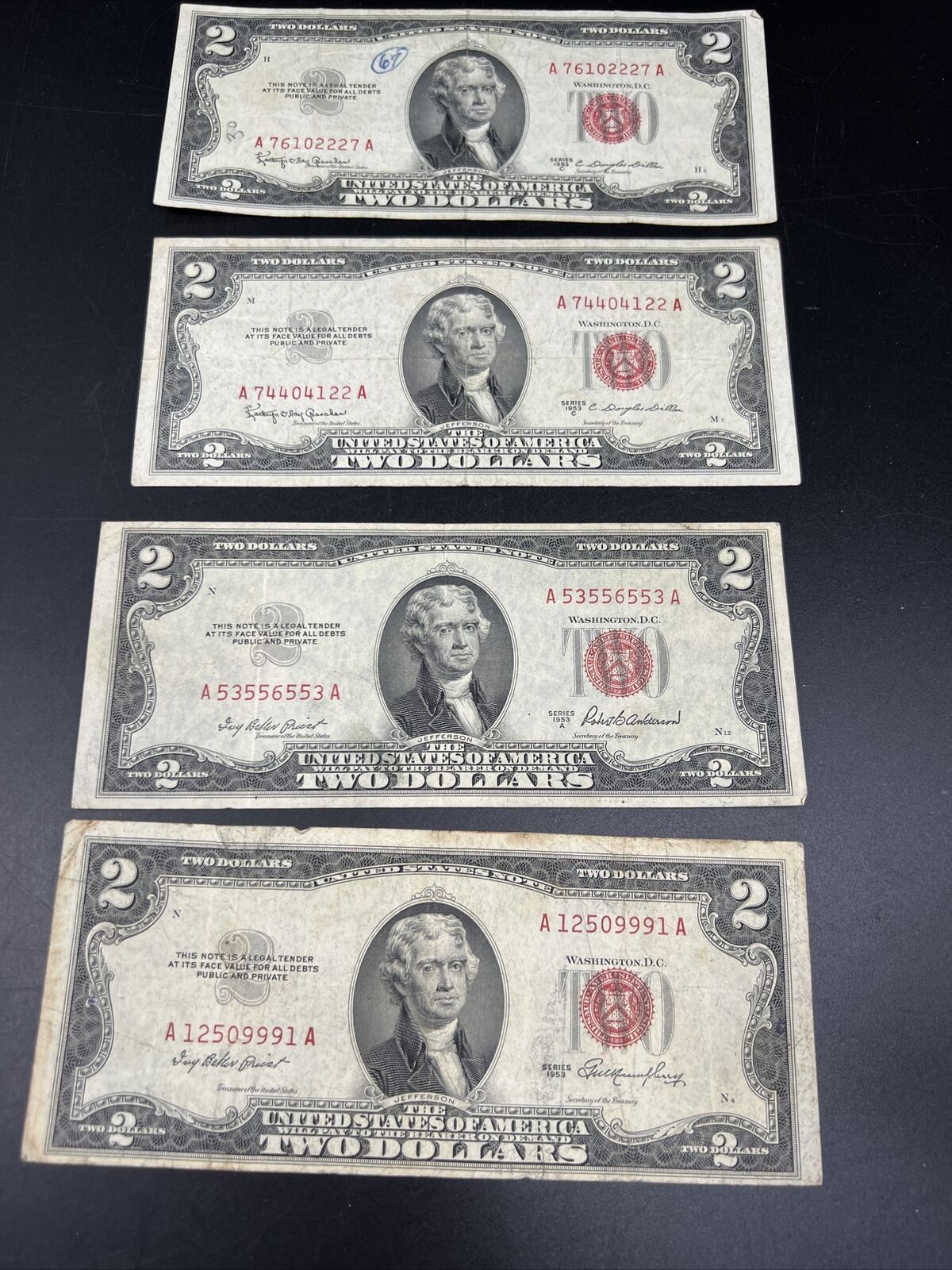 4 Note Set A B C 1953 $2 Two Dollar Legal Tender Bills Set VG + #9991