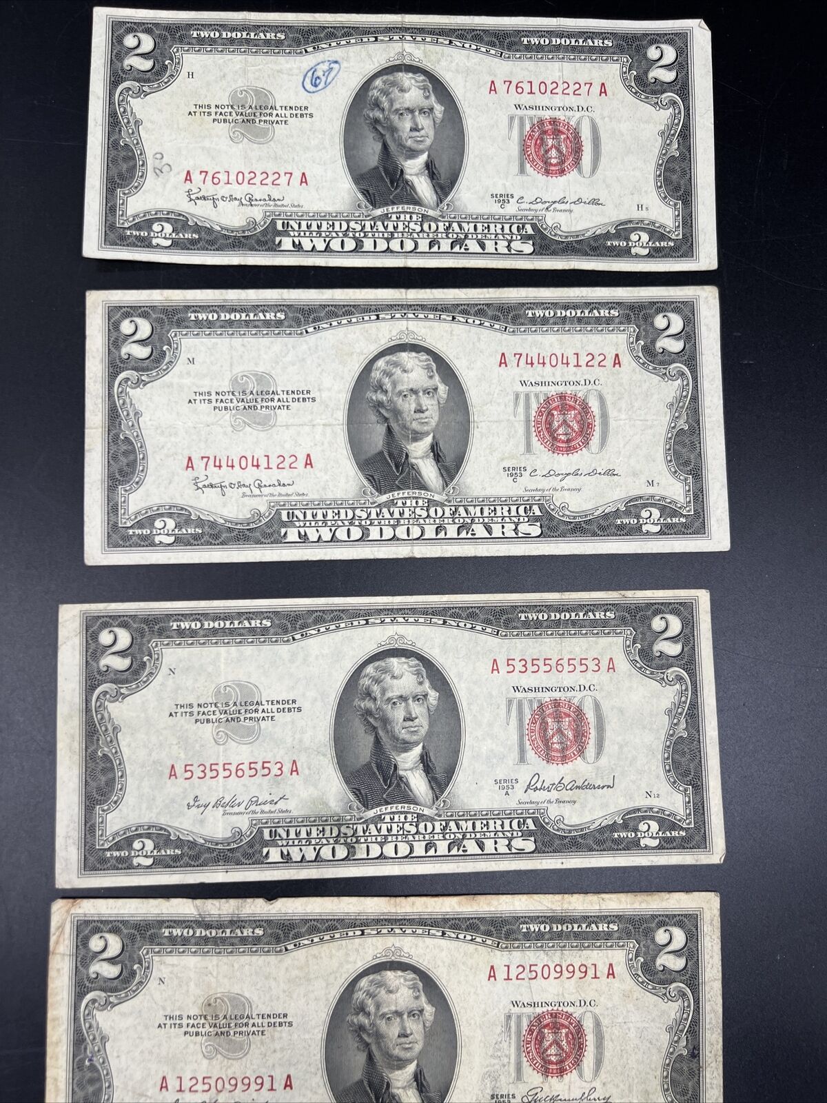 4 Note Set A B C 1953 $2 Two Dollar Legal Tender Bills Set VG + #9991