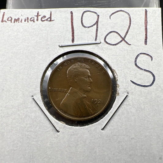 1921 S Lincoln Wheat Cent Penny Choice Fine Circ Laminated Planchet Error REV