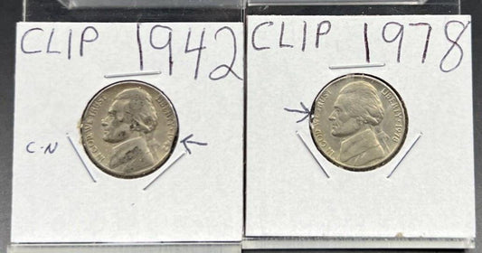 Lot of 2 Jefferson Nickels with Clipped Planchet Error 1942 & 1978 VF Circ