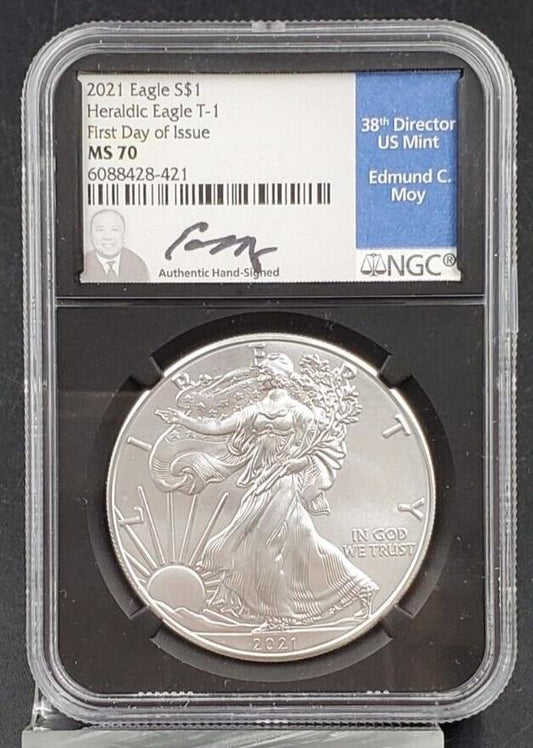 2021 P 1 oz ASE American Silver Eagle NGC MS70 Type 1 Edmund Moy Signature FDOI