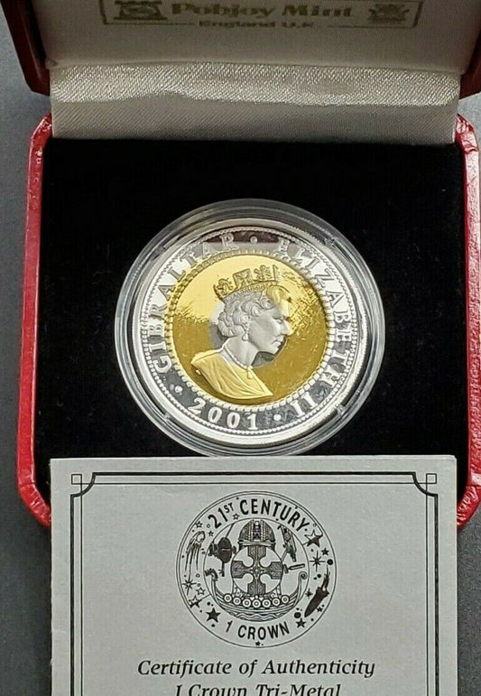 Gibraltar 2001 1 Crown 21st Century Tri-Metal Gold Silver Platinum 1 Oz Coin OGP