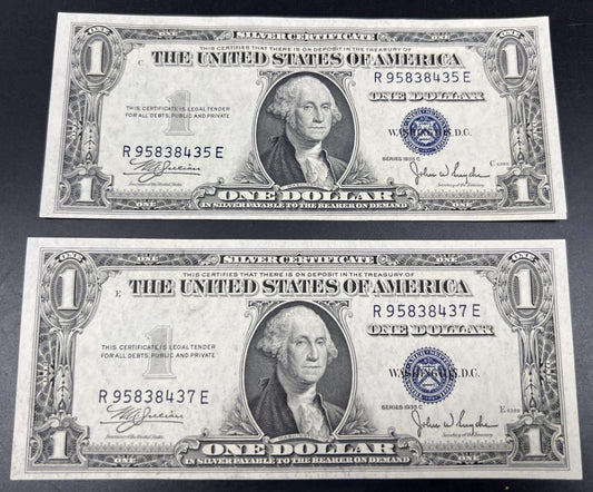 Lot of 2 Close Serial # 1935 C $1 One Dollar Blue Seal Silver Certificates CU