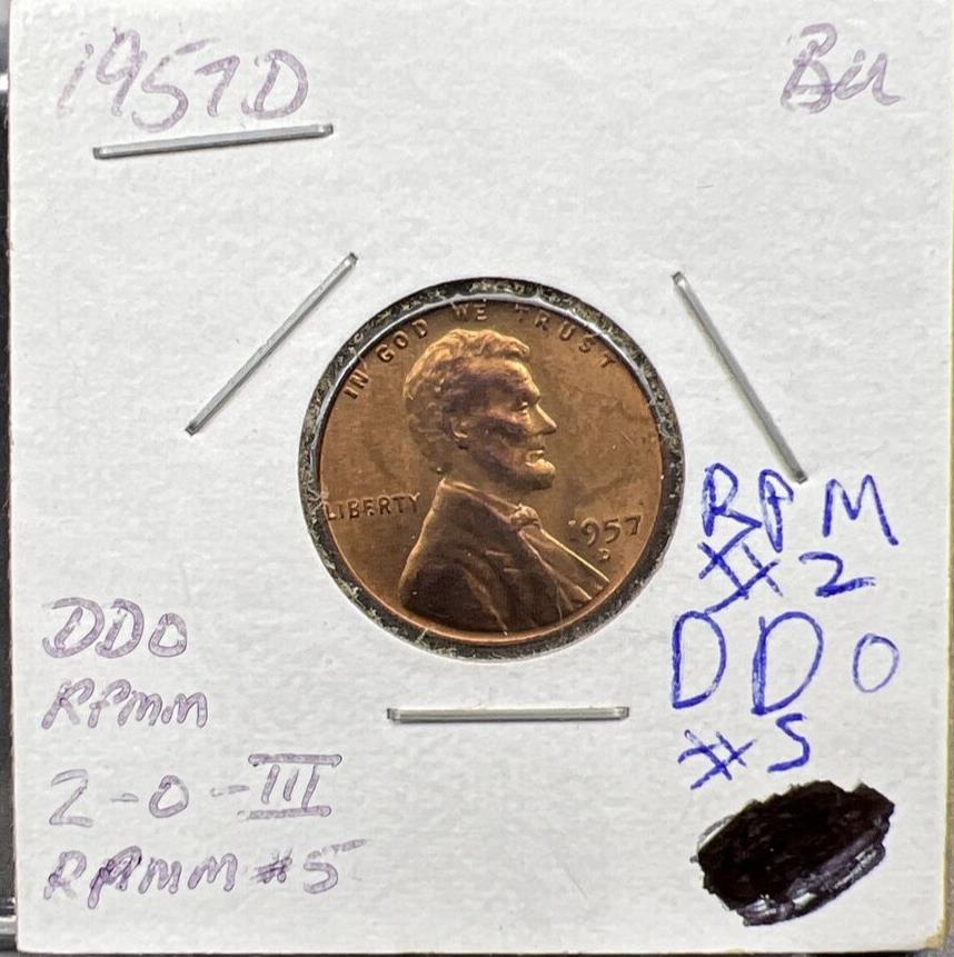 1957 D 1c Lincoln Wheat Cent Penny BU RB DDO #5 RPM #2 Variety