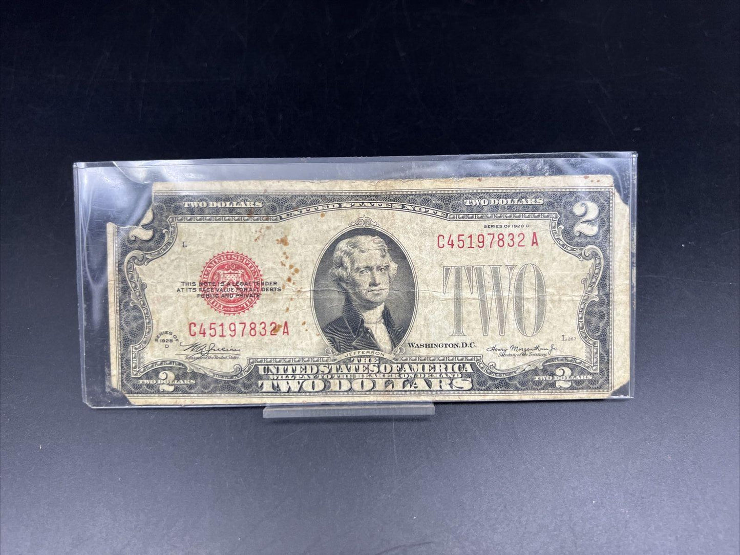 1928 D $2 Two Dollar Legal Tender Red Seal Notes VG Detail Very Circ Torn #832