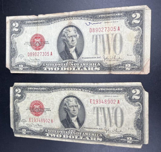 Lot of 2 1928 G $2 Two Dollar Legal Tender Notes Cull #902