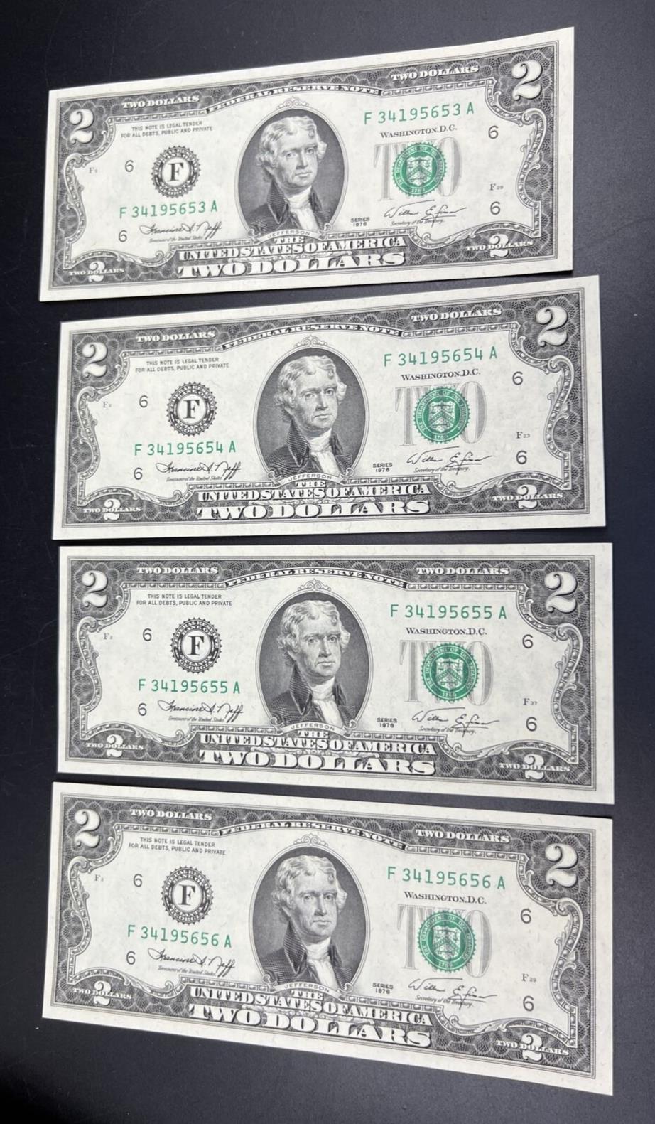 Lot of 4 Consecutive 1976 $2 Two Dollar Bicentennial FRN Notes CH UNC #656