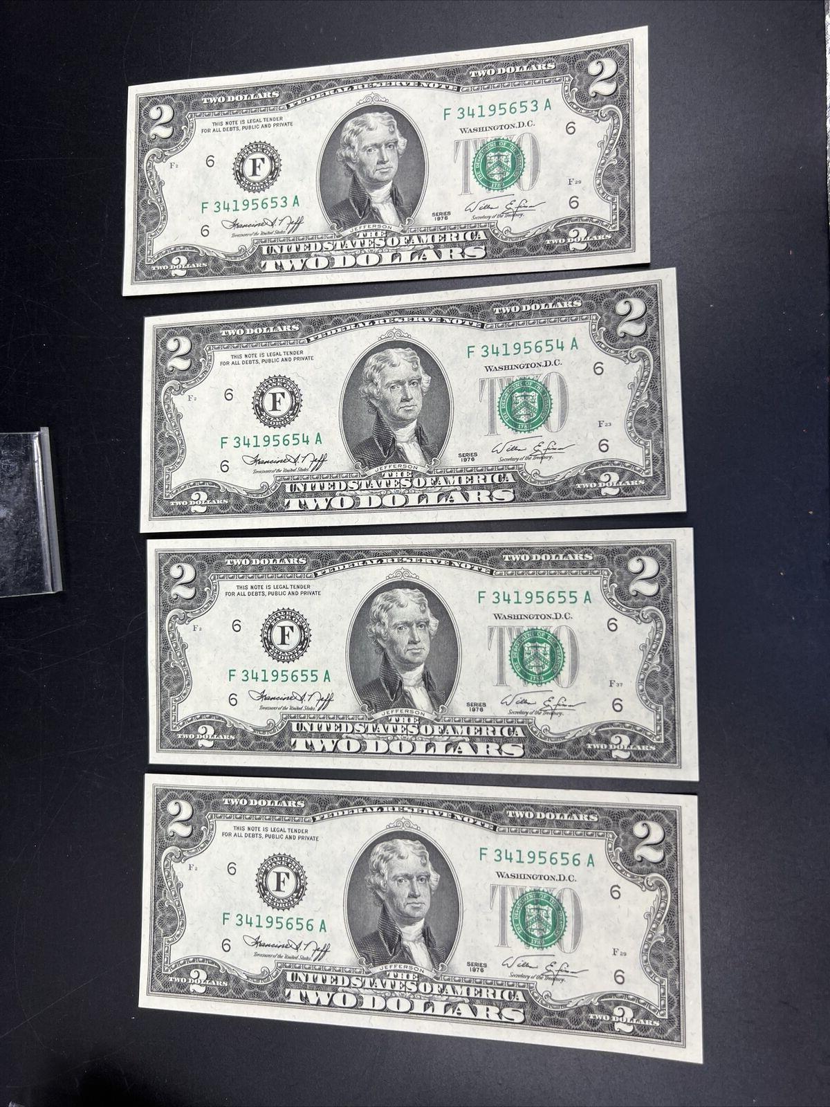 Lot of 4 Consecutive 1976 $2 Two Dollar Bicentennial FRN Notes CH UNC #656