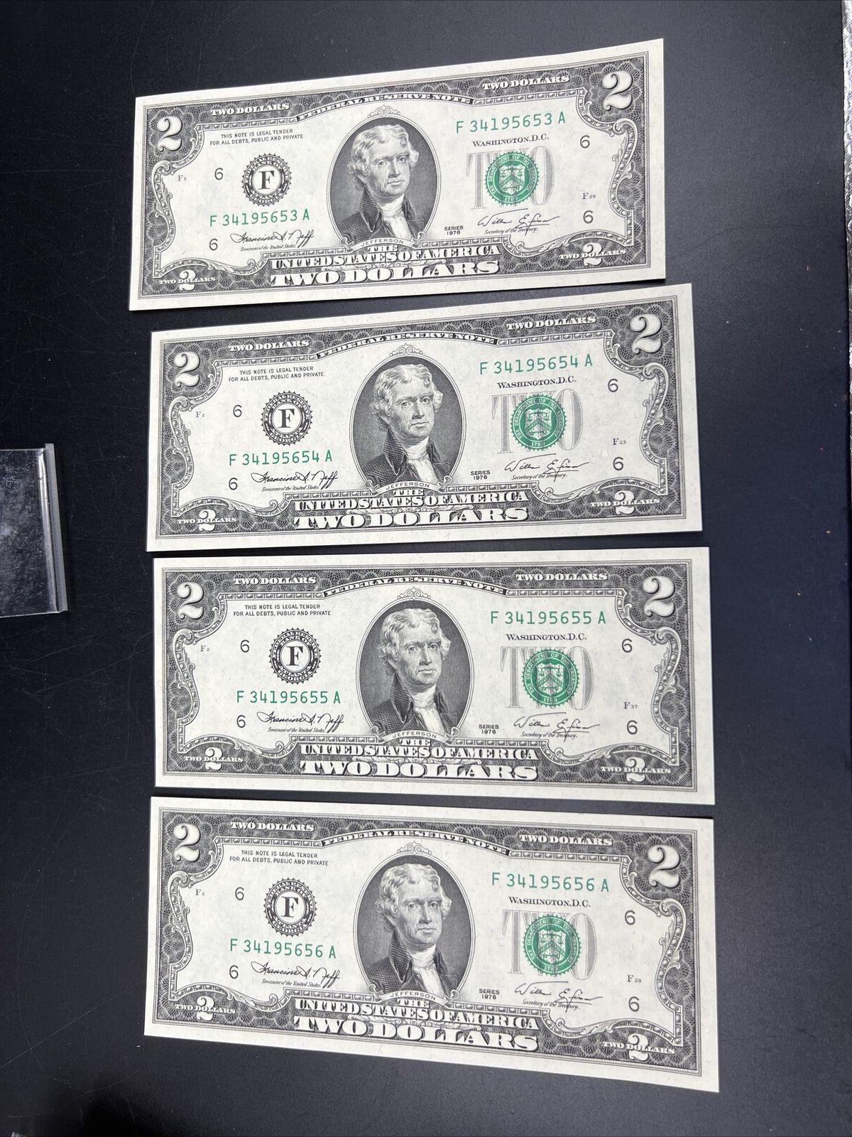 Lot of 4 Consecutive 1976 $2 Two Dollar Bicentennial FRN Notes CH UNC #656