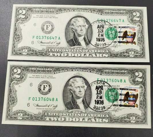 2 CONSECUTIVE Postal 1976 $2 FRN Jackson GA Branch CH UNC BICENTENNIAL