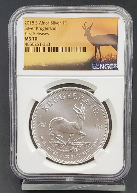 2018 S. Africa Silver 1R Silver Krugerrand NGC MS70 First Releases Springbok