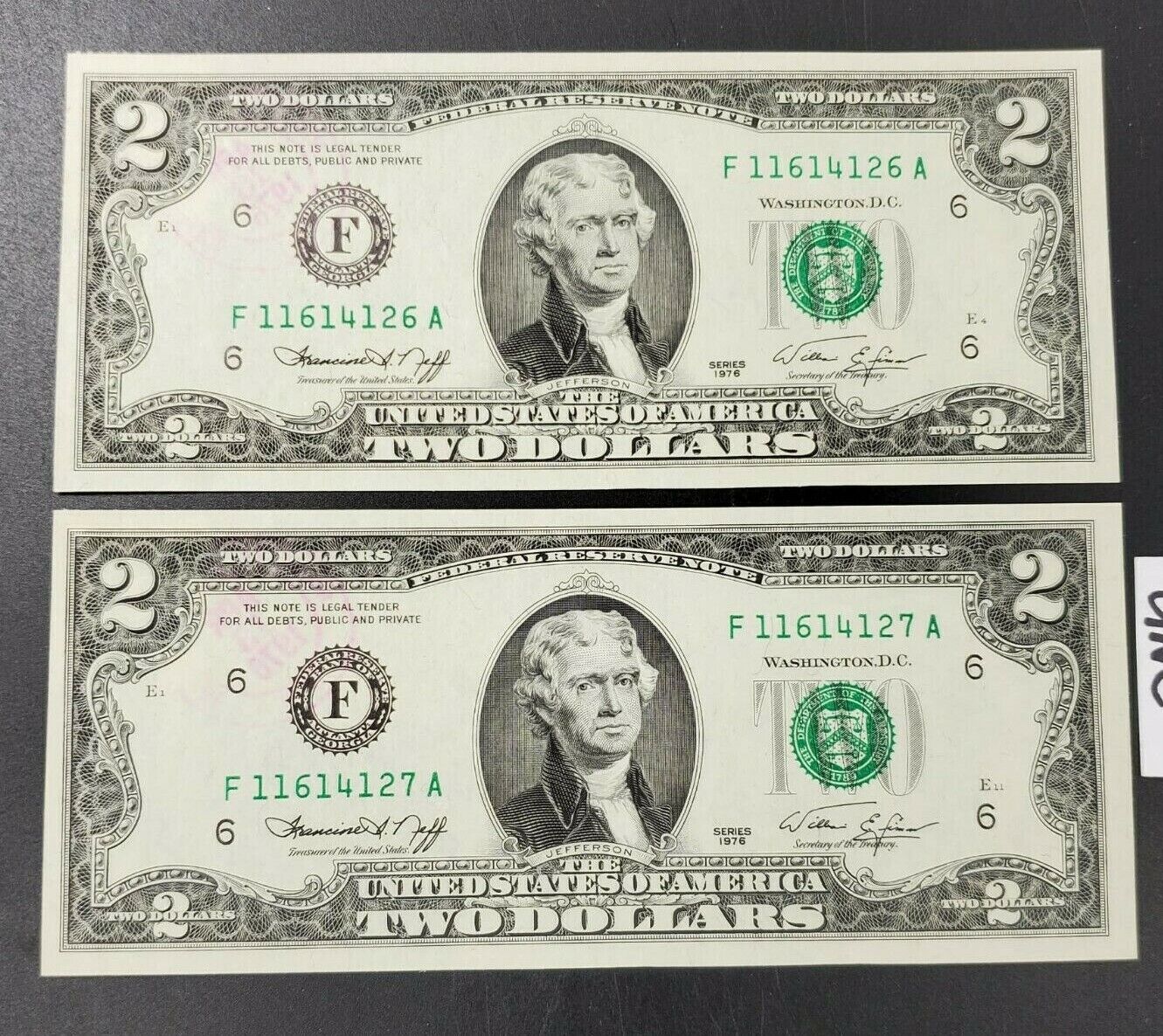 2 Consecutive 1976 $2 FRN Postal Note MARIETTA GA APRIL 13 CH UNC Bicentennial