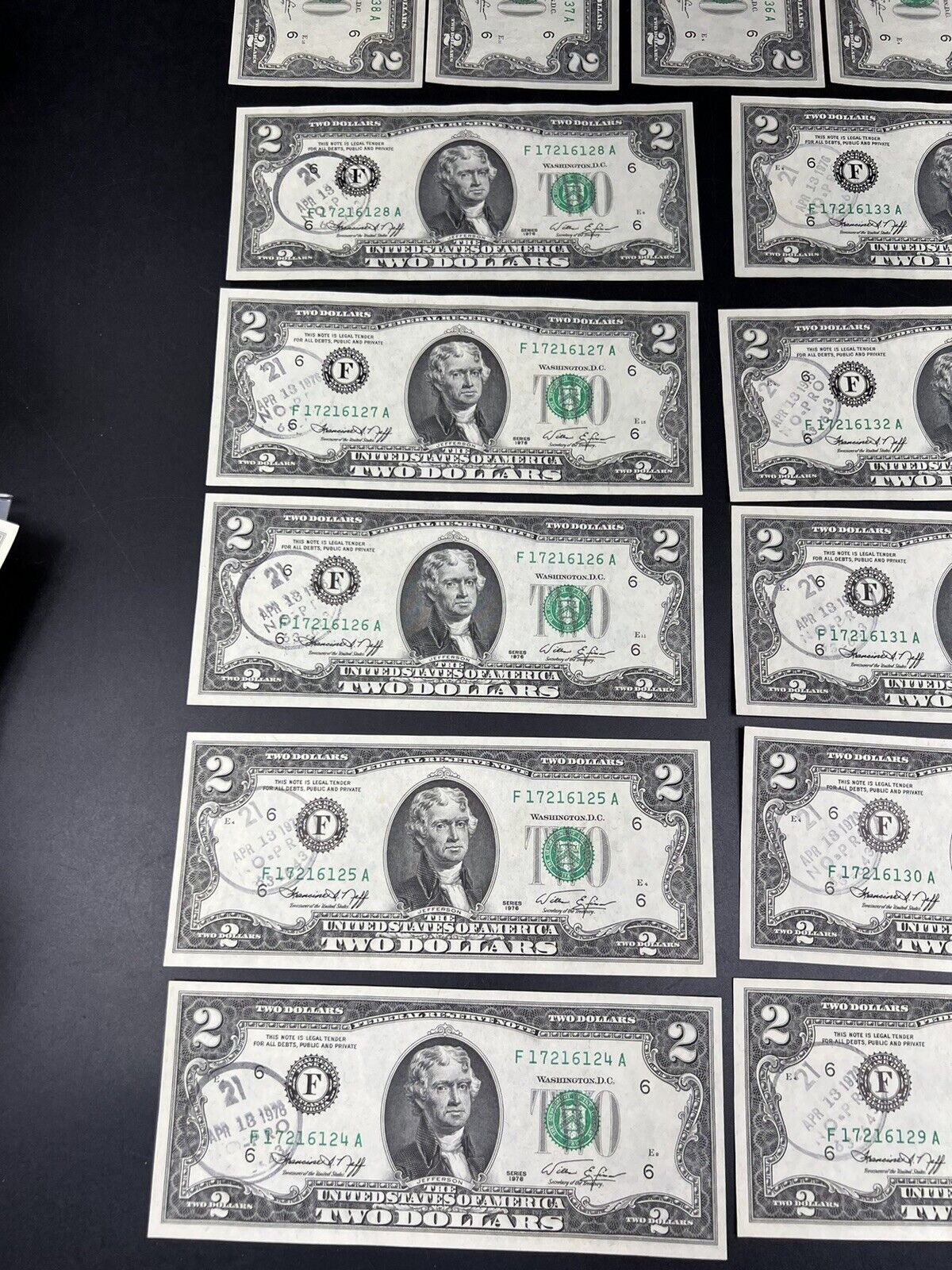 15 Consecutive 1976 $2 UNC Bicentennial Two Dollar Bills FRN Stamped for Postal