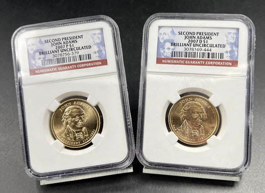 2007 P & D $1 John Adams Presidential Dollar Two Coin Set NGC BU UNC #444