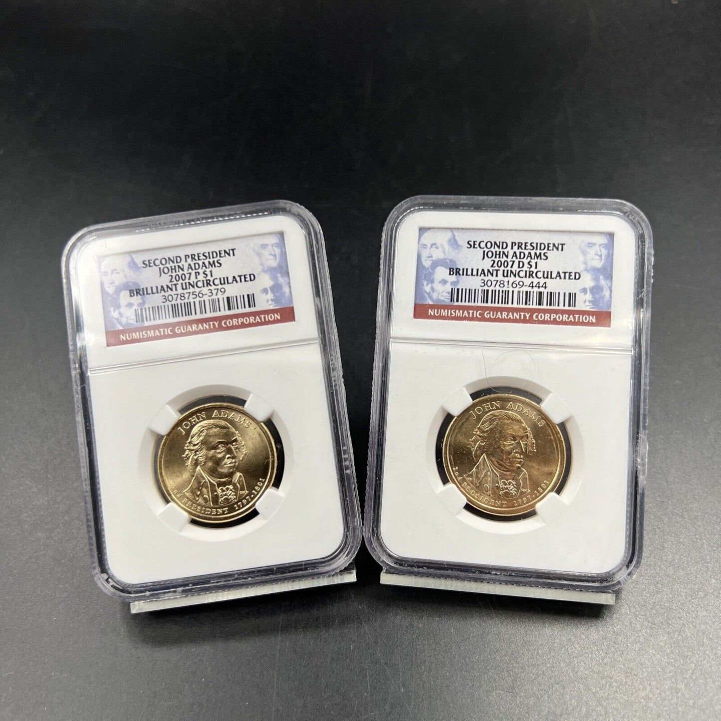2007 P & D $1 John Adams Presidential Dollar Two Coin Set NGC BU UNC #444