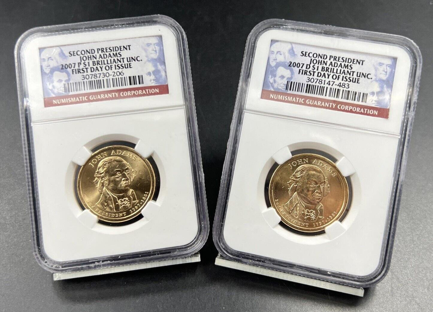 2007 P & D $1 John Adams Presidential Dollar Two Coin Set NGC FDOI BU UNC