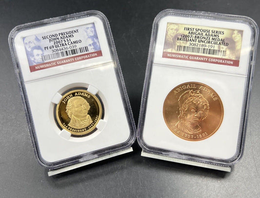 2007 S John Adams PF70 Proof NGC $1 Dollar & NGC BU Martha Spouse Medal Set