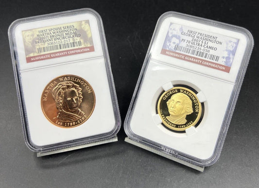 2007 George Washington PF70 Proof NGC $1 Dollar & NGC BU Martha Spouse Medal Set