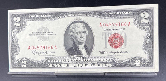 1963 A $2  Two Dollar Legal Tender Red Seal Bill Note CH UNC #166