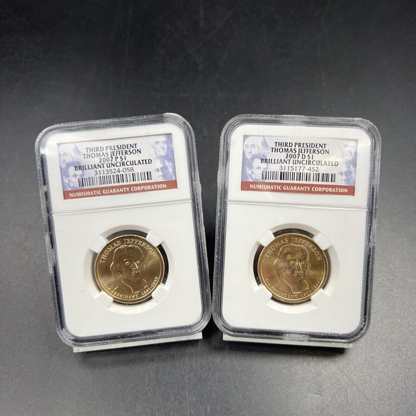 2007 P & D $1 Thomas Jefferson Presidential Dollar Two Coin Set NGC BU Certified