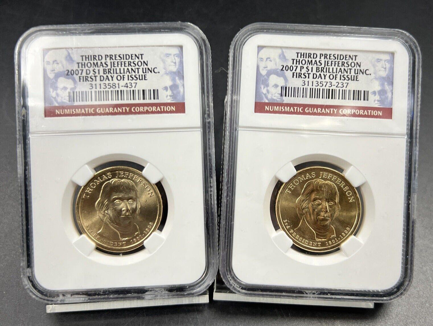 2007 P & D $1 Thomas Jefferson Presidential Dollar Two Coin Set NGC FDOI BU