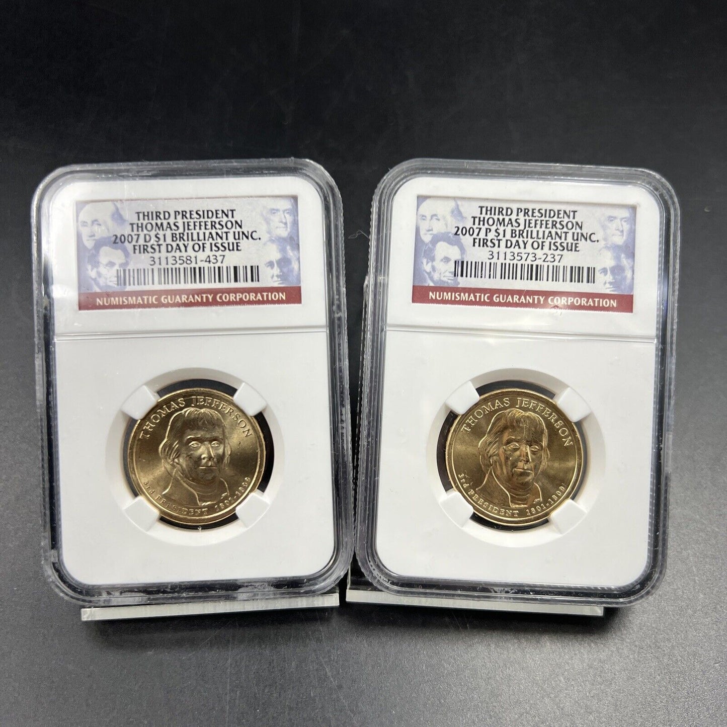 2007 P & D $1 Thomas Jefferson Presidential Dollar Two Coin Set NGC FDOI BU