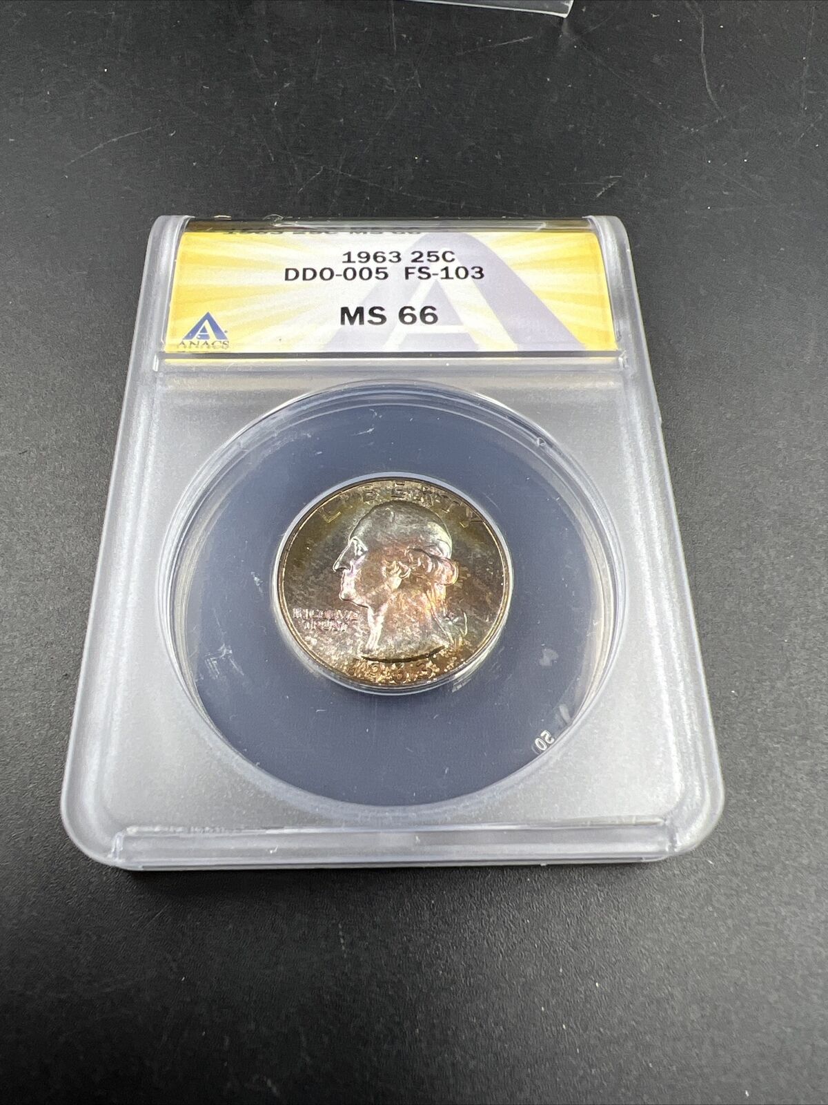 1963 25c Washington Quarter FS-103 DDO MS66 ANACS PQ Rainbow Toned Toner Obverse