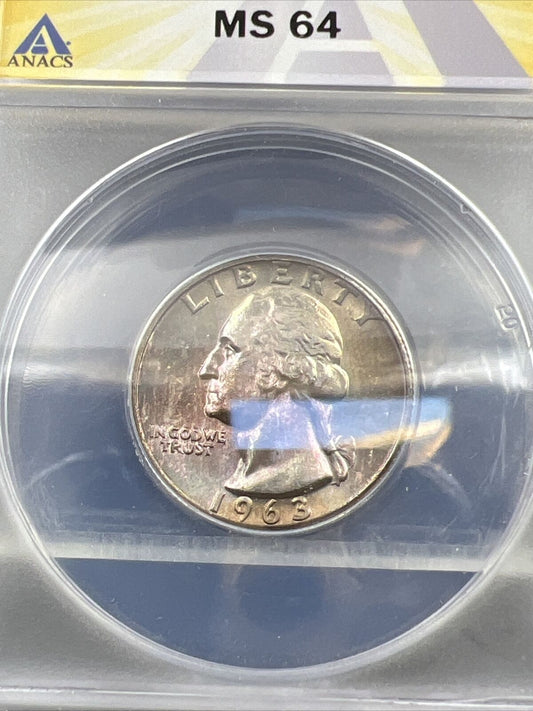 1963 25c Washington Quarter FS-103 DDO MS64 ANACS PQ Rainbow Toned Toner Obverse