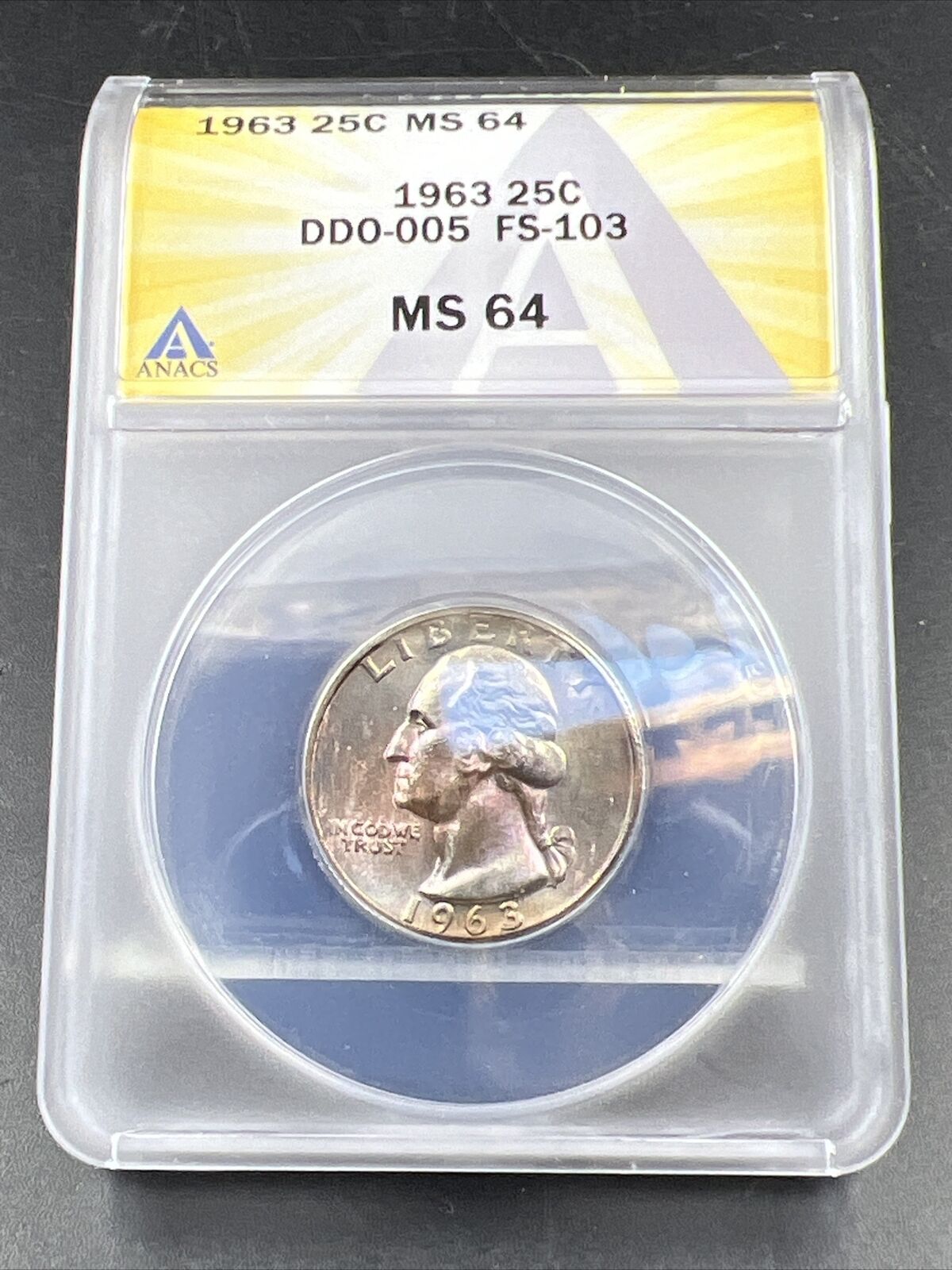 1963 25c Washington Quarter FS-103 DDO MS64 ANACS PQ Rainbow Toned Toner Obverse