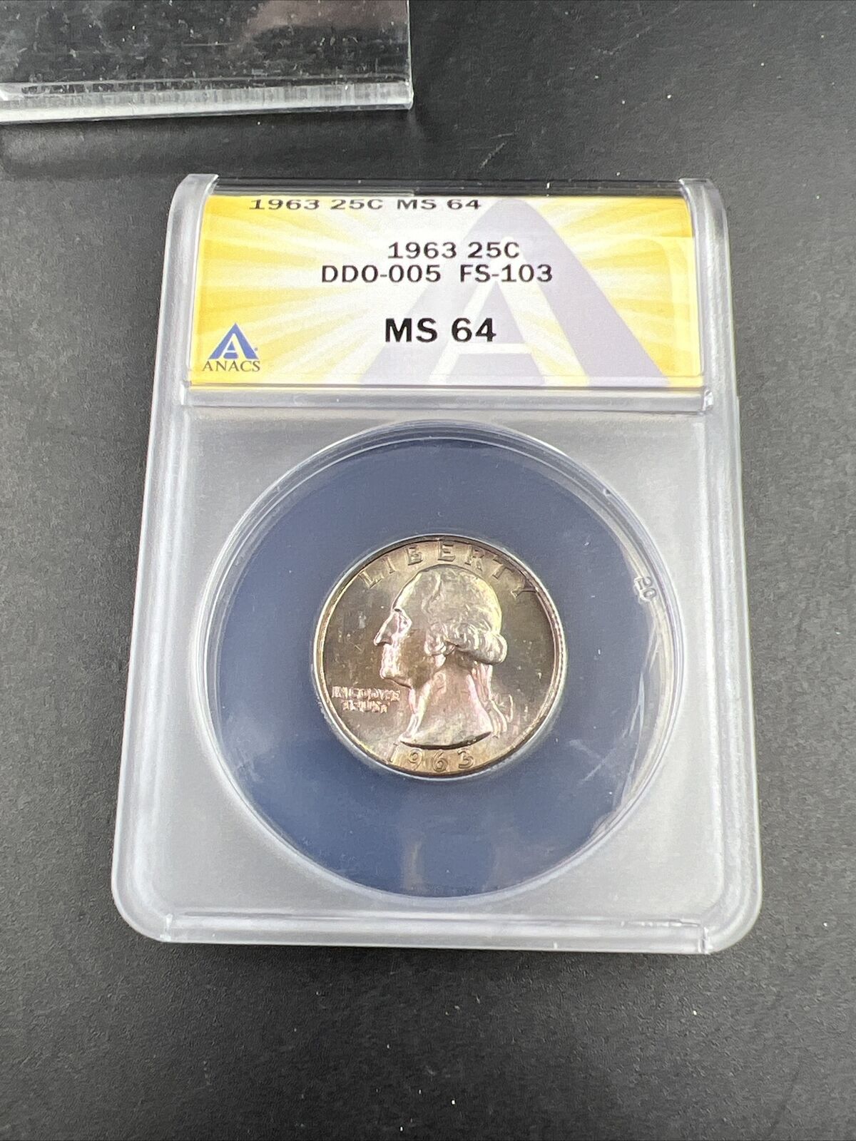 1963 25c Washington Quarter FS-103 DDO MS64 ANACS PQ Rainbow Toned Toner Obverse