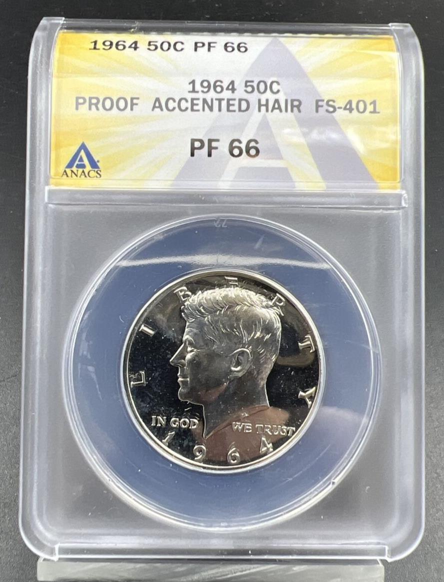 1964 P Kennedy Proof Half Silver Dollar Coin PF66 Accented Hair FS-401 ANACS #A