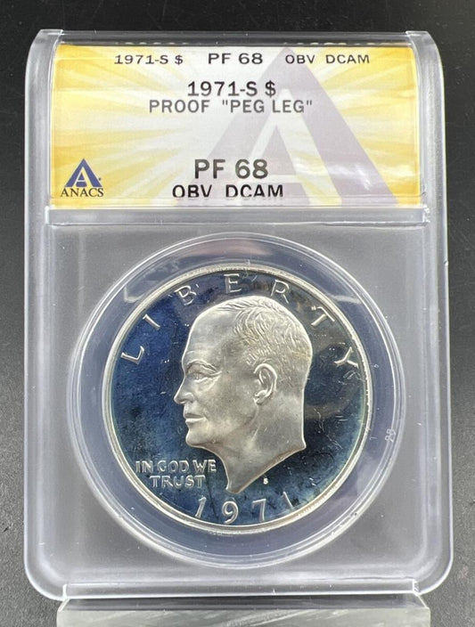 1971 S $1 Ike Eisenhower 40% Silver Dollar Coin Peg Leg Variety ANACS PF68 Cam