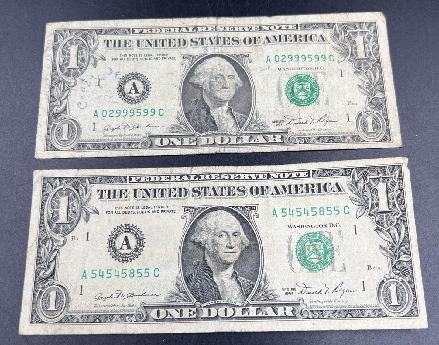 Lot of 2 1981 $1 One Dollar FRN Federal Reserve Notes Neat Fancy Serial Numbers