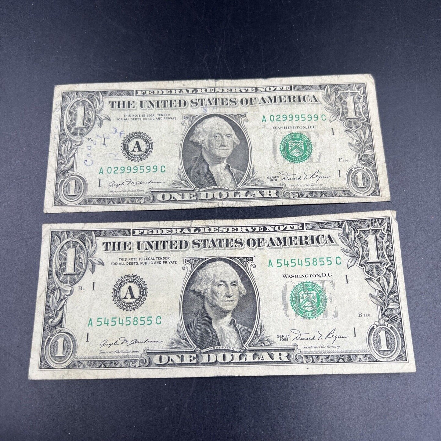 Lot of 2 1981 $1 One Dollar FRN Federal Reserve Notes Neat Fancy Serial Numbers