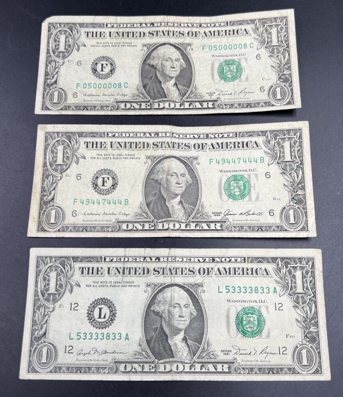 Lot of 3 1981 $1 One Dollar FRN Federal Reserve Notes Neat Fancy Serial Numbers