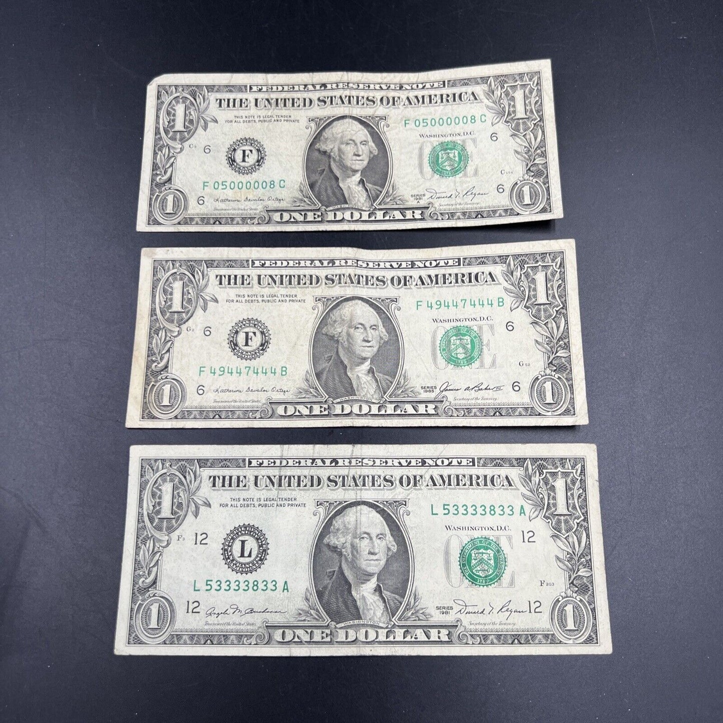 Lot of 3 1981 $1 One Dollar FRN Federal Reserve Notes Neat Fancy Serial Numbers
