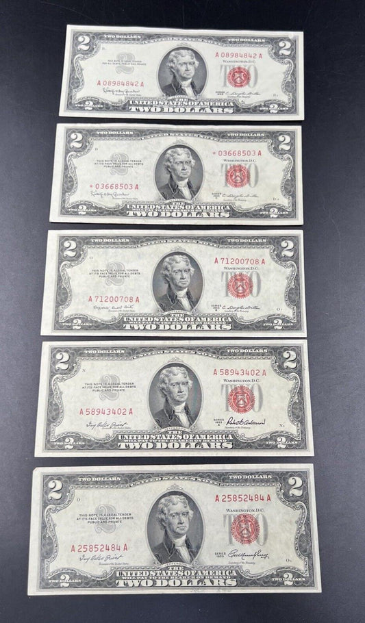 1953 + ABC & 1963 5 $2 Note US Legal Tender Letter Set of Five Notes XF+ #484