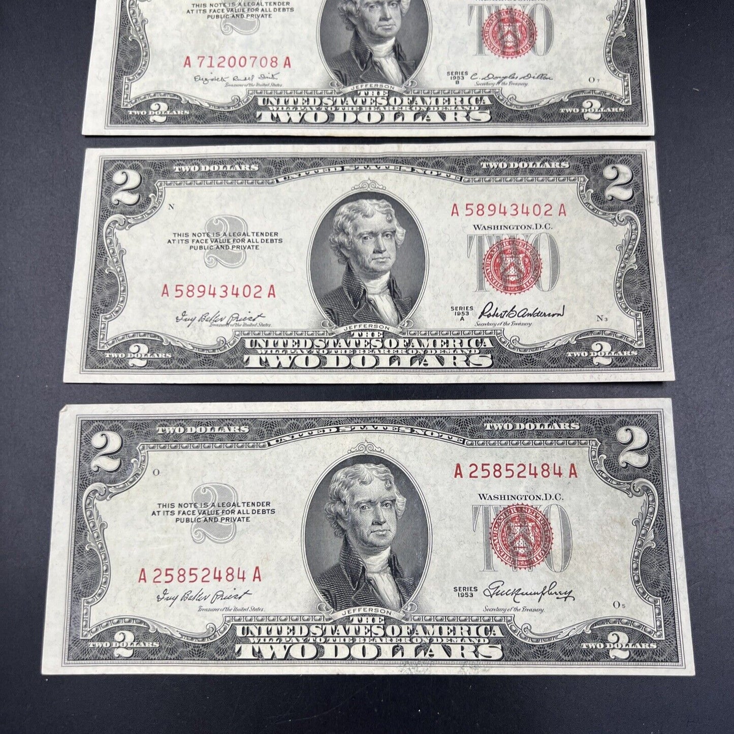 1953 + ABC & 1963 5 $2 Note US Legal Tender Letter Set of Five Notes XF+ #484