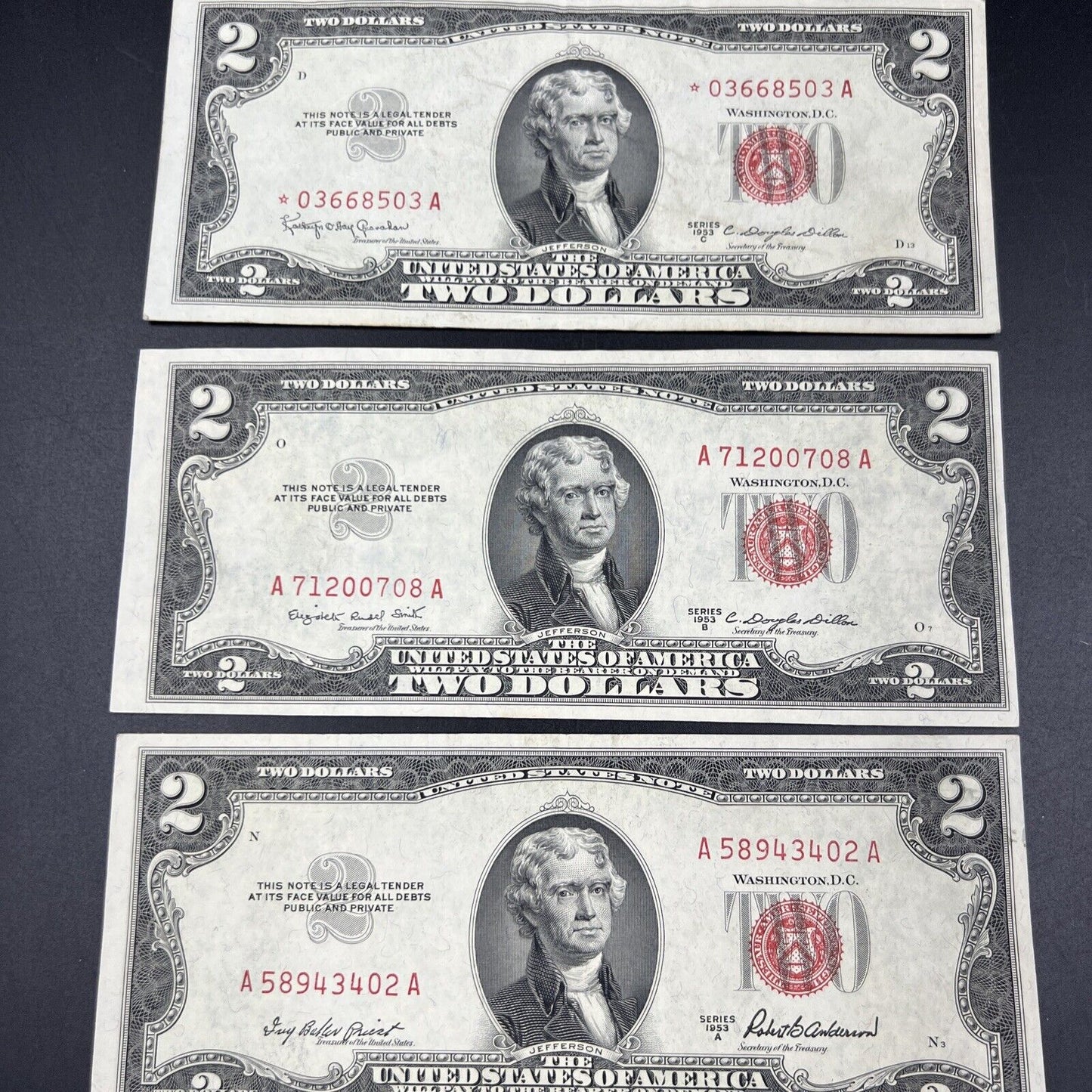 1953 + ABC & 1963 5 $2 Note US Legal Tender Letter Set of Five Notes XF+ #484