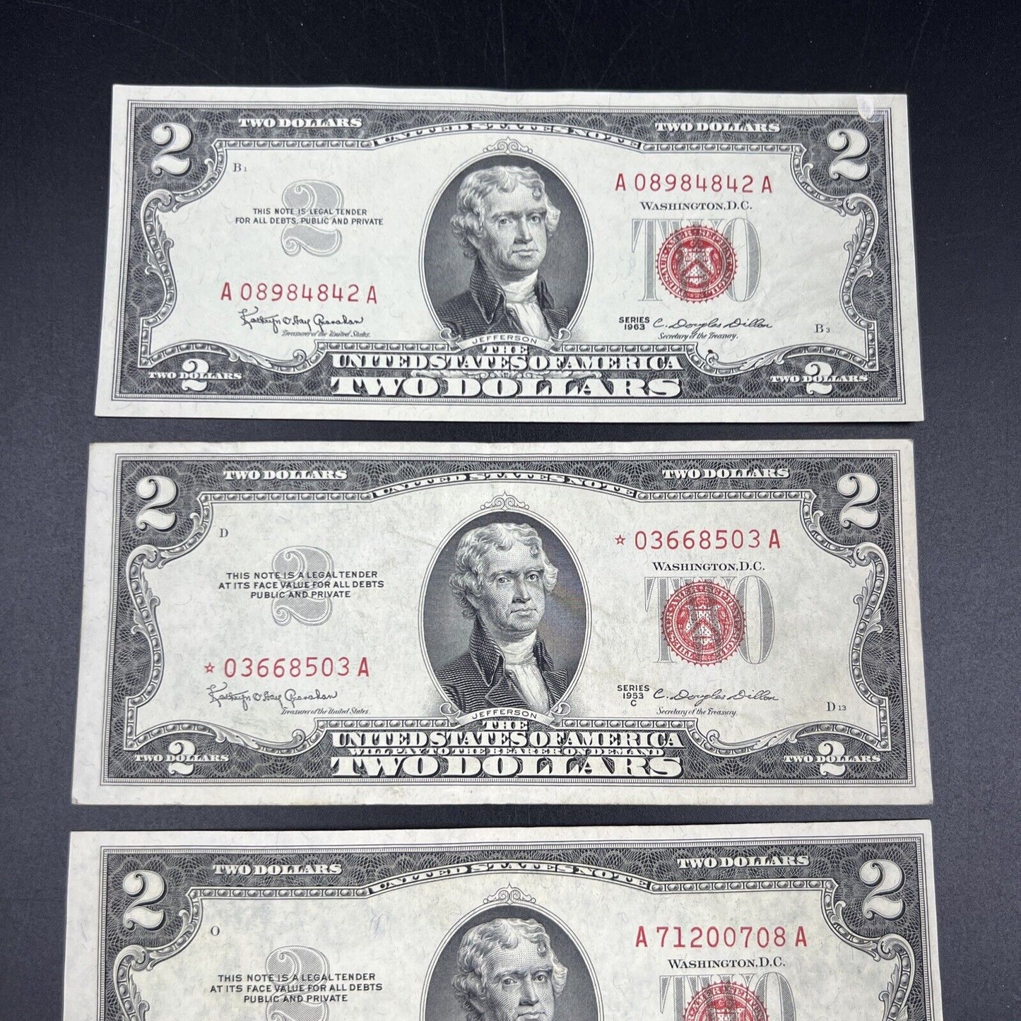 1953 + ABC & 1963 5 $2 Note US Legal Tender Letter Set of Five Notes XF+ #484