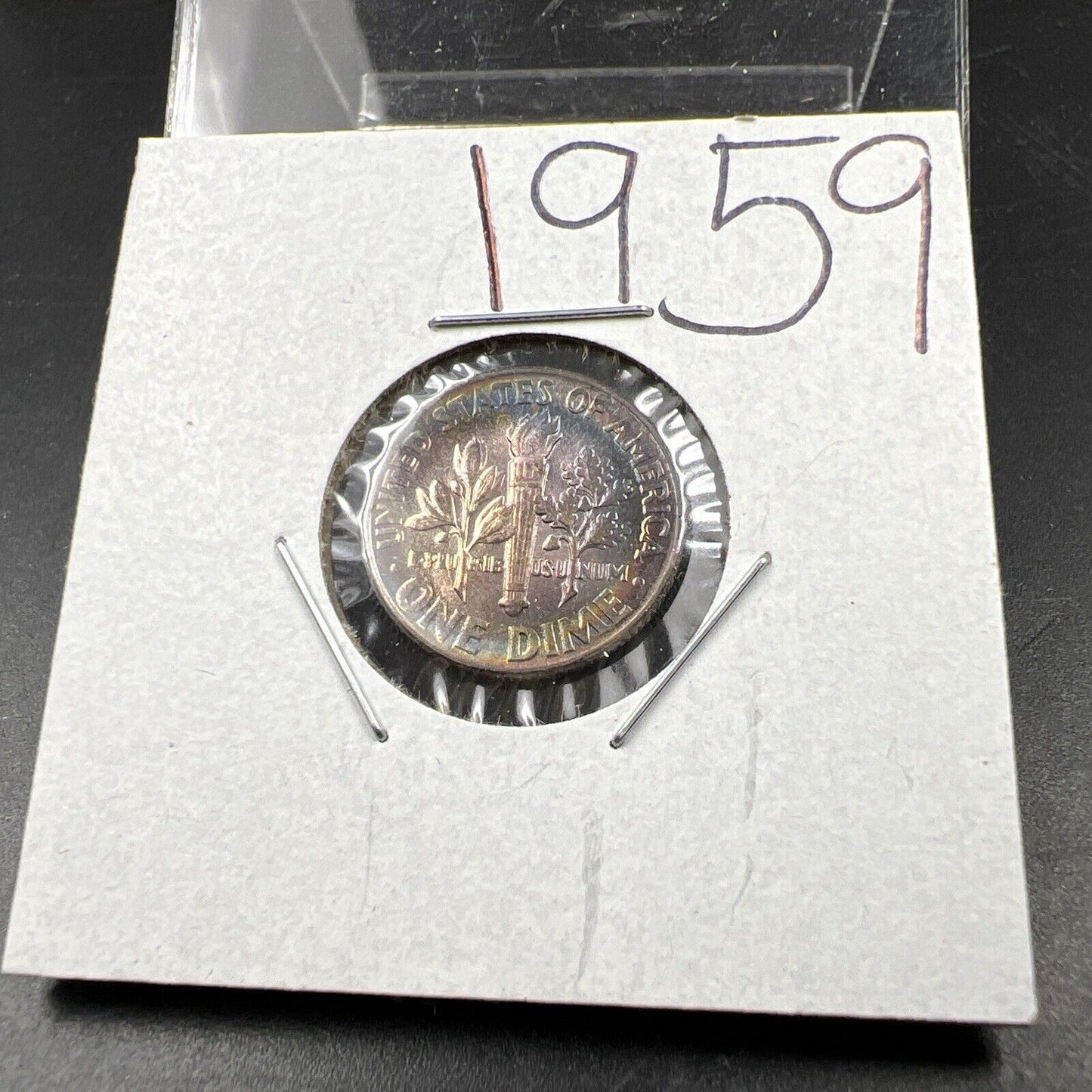 1959 P 10c Roosevelt Dime Coin CH BU PQ Pink Blue Original Toning Toner SKU#GN3