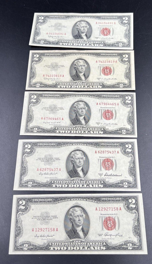 1953 + ABC & 1963 5 $2 Note US Legal Tender Letter Set of Five Notes VF+ #185