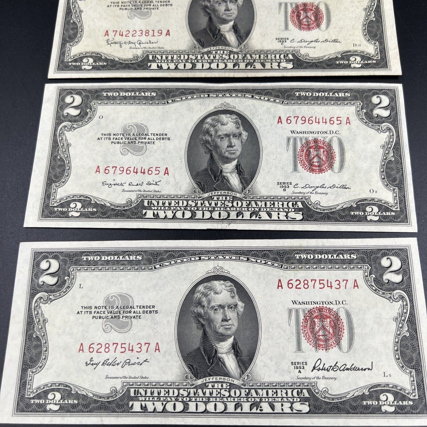 1953 + ABC & 1963 5 $2 Note US Legal Tender Letter Set of Five Notes VF+ #185