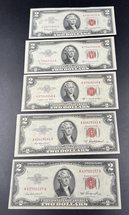 1953 + ABC & 1963 5 $2 Note US Legal Tender Letter Set of Five Notes XF+ #107