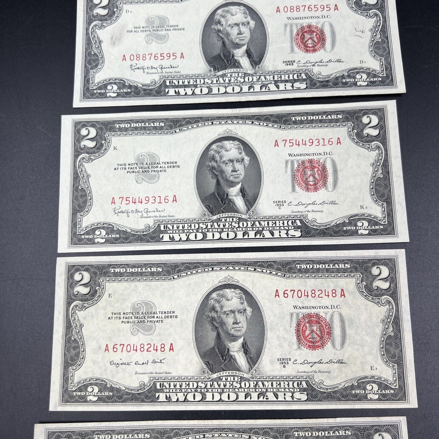 1953 + ABC & 1963 5 $2 Note US Legal Tender Letter Set of Five Notes XF+ #107